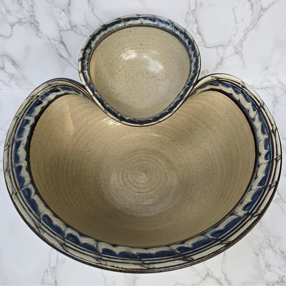 Studio Pottery Chip and Dip Server Speckled Tan Blue Scalloped Stoneware Signed